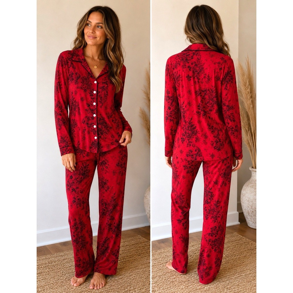 Soma Cool Nights Pajama Set Lace Floral 2 Piece Button Front Red Lounge AOP M/L